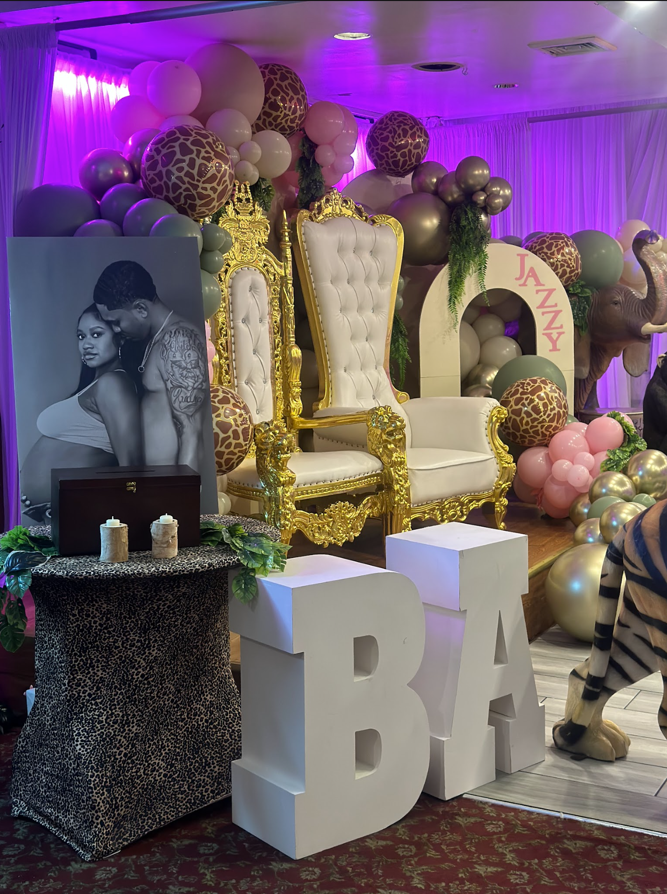 King & Queen Chaise, Marquee Letters, & Animal Balloon Arch